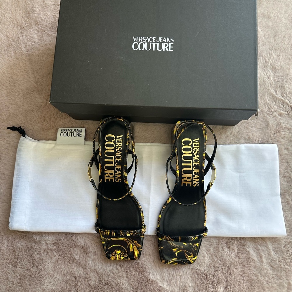 Versace Jeans Collection Black and Gold Heels with Strappy Design ,Used once